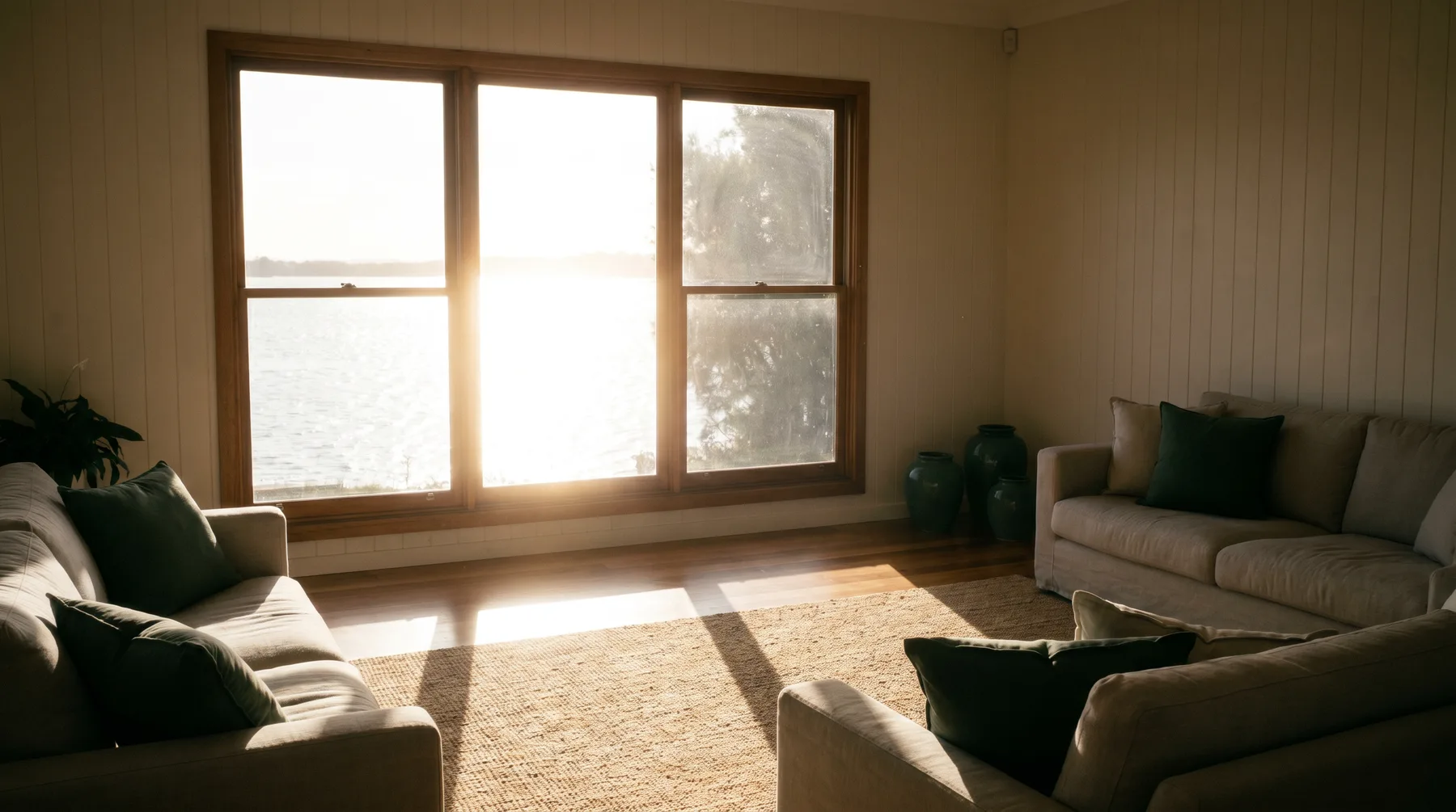 Harsh afternoon glare flaring through a bare west-facing window