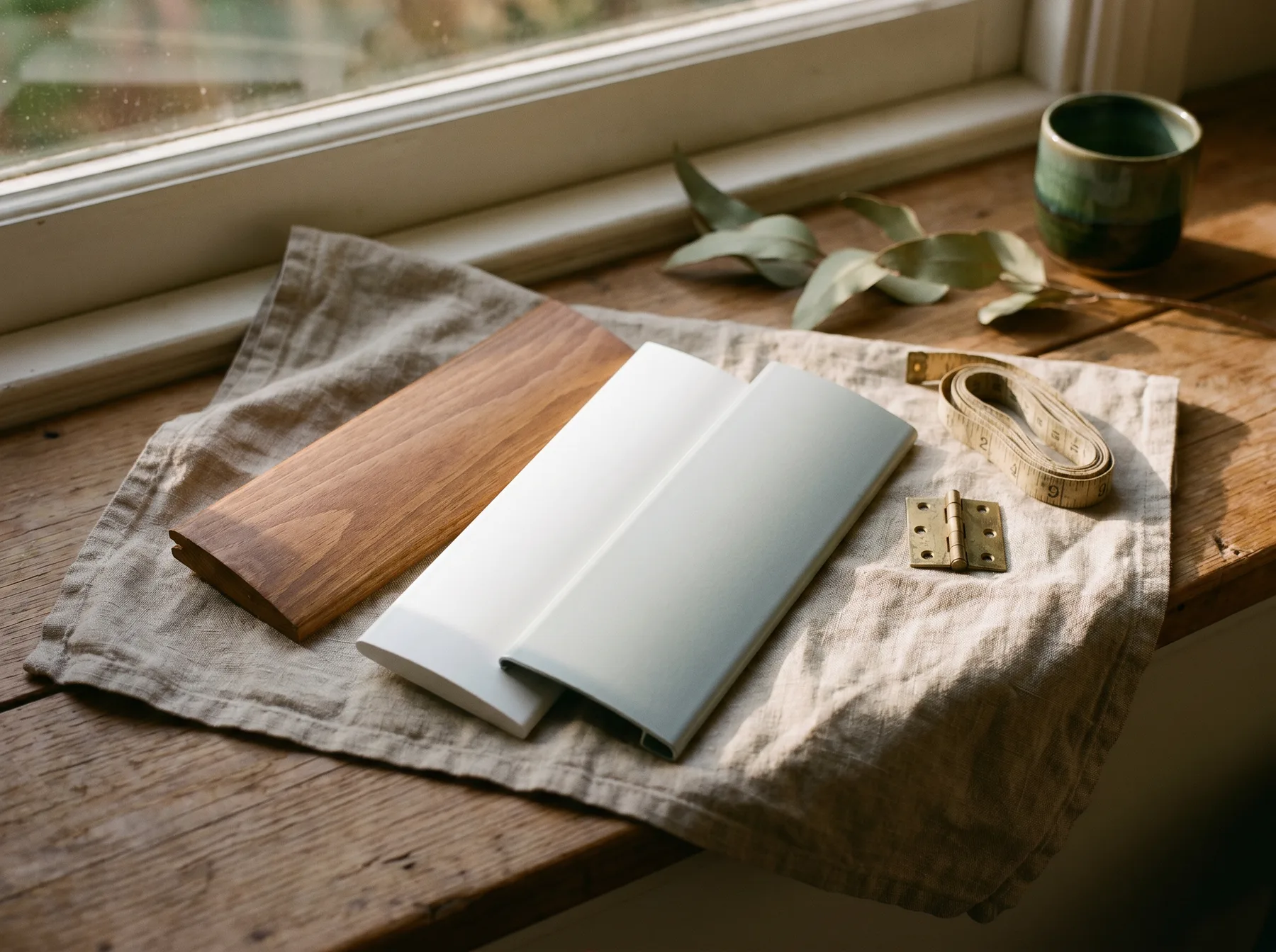 Timber, PVC and aluminium louvre samples laid on a linen cloth