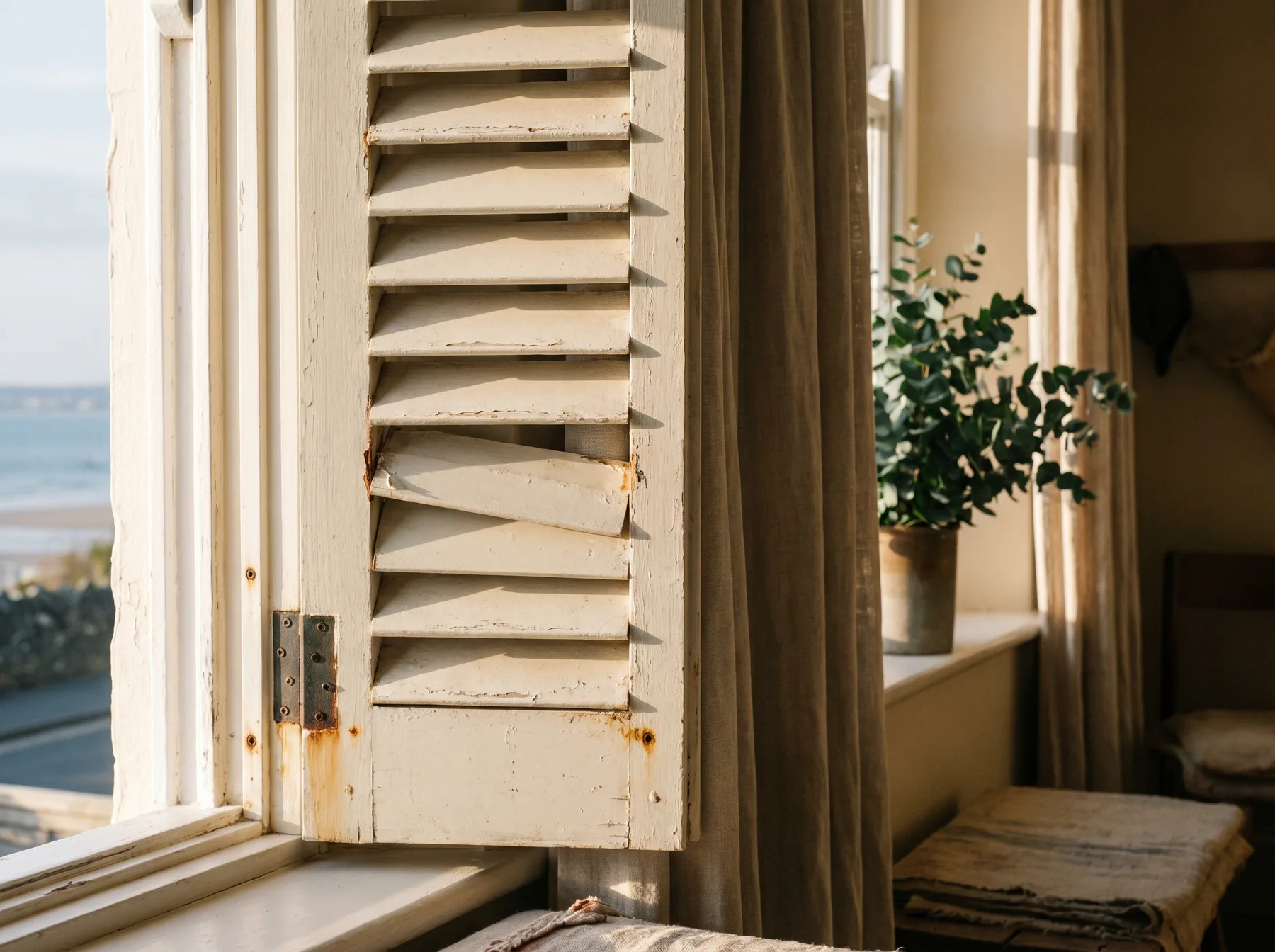 An ageing shutter with a sagging louvre and rust-bloomed hinge screws