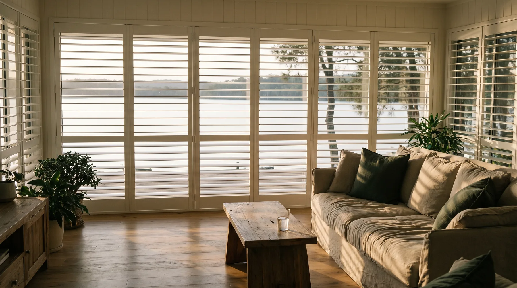 A living room with white plantation shutters half open onto Lake Macquarie at golden hour