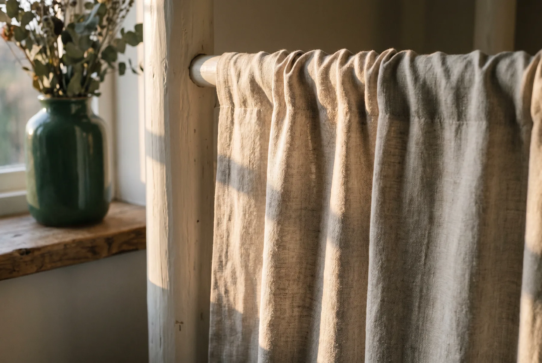 Natural linen curtain fabric gathered at a timber pole in golden light